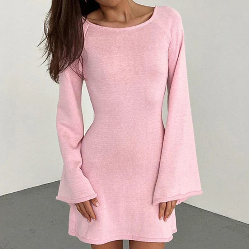 Women's Long-Sleeve Mini Dress featuring a Wide Neckline and Flared Cuffs